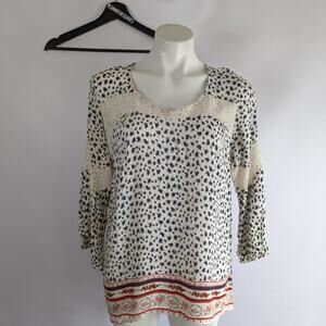 Ms. Bella D Floral V Neck Lace Inset Boho Blouse Sz Medium